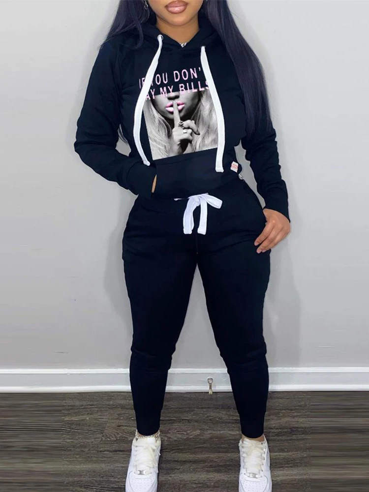 

2022 AutumnTwo Piece Sets Womens Slogan Print Long Sleeve Casual Hoodie & Pants Set Outifits Fashion Tracksuits Casual Elegant F
