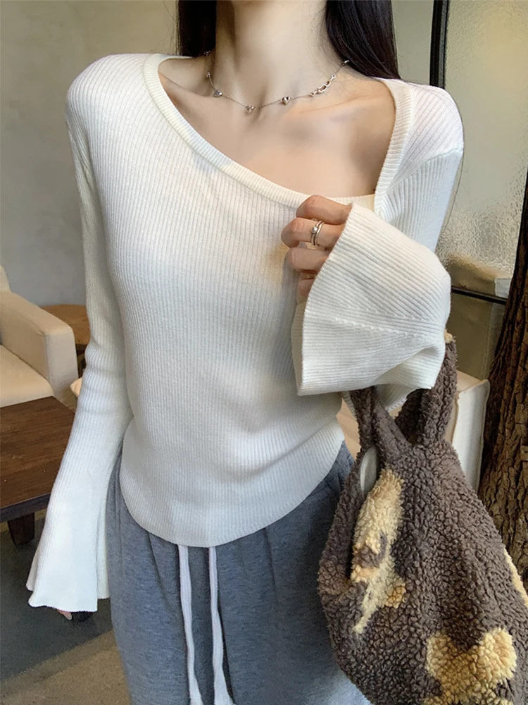 Korean Sle Oblique Collar Irregular Slim fit Knit Women 2024 Autumn and Winter Pure Desire Temperament Bell Sleeve Chic Uni...