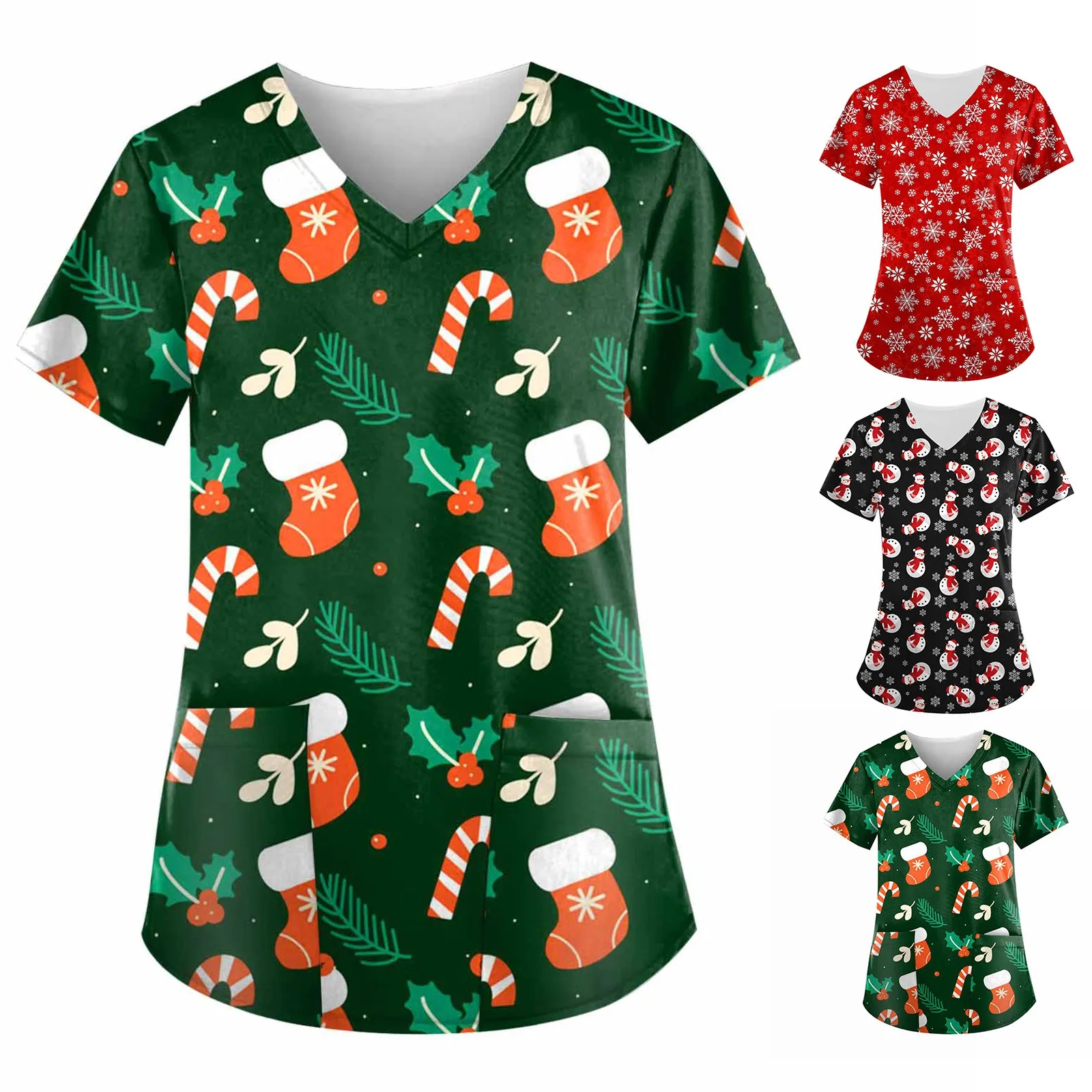 

Christmas Nursing Scrubs Tops Women Working Uniform Blouse Short Sleeve V-neck Uniform Blusas Nursing Clothes Nurses Uniform