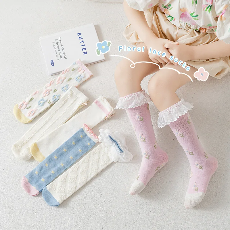 

3 pairs children's socks girls calf socks Cartoon floret mesh girls socks Stockings kids socks frilly socks baby girl stockings