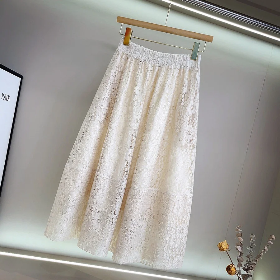 

2022 Ladies High Waist Long Lace Skirt Femme Faldas Jupe Saia Women A-Line Skirt High Quality Women Vintage Beige Skirts