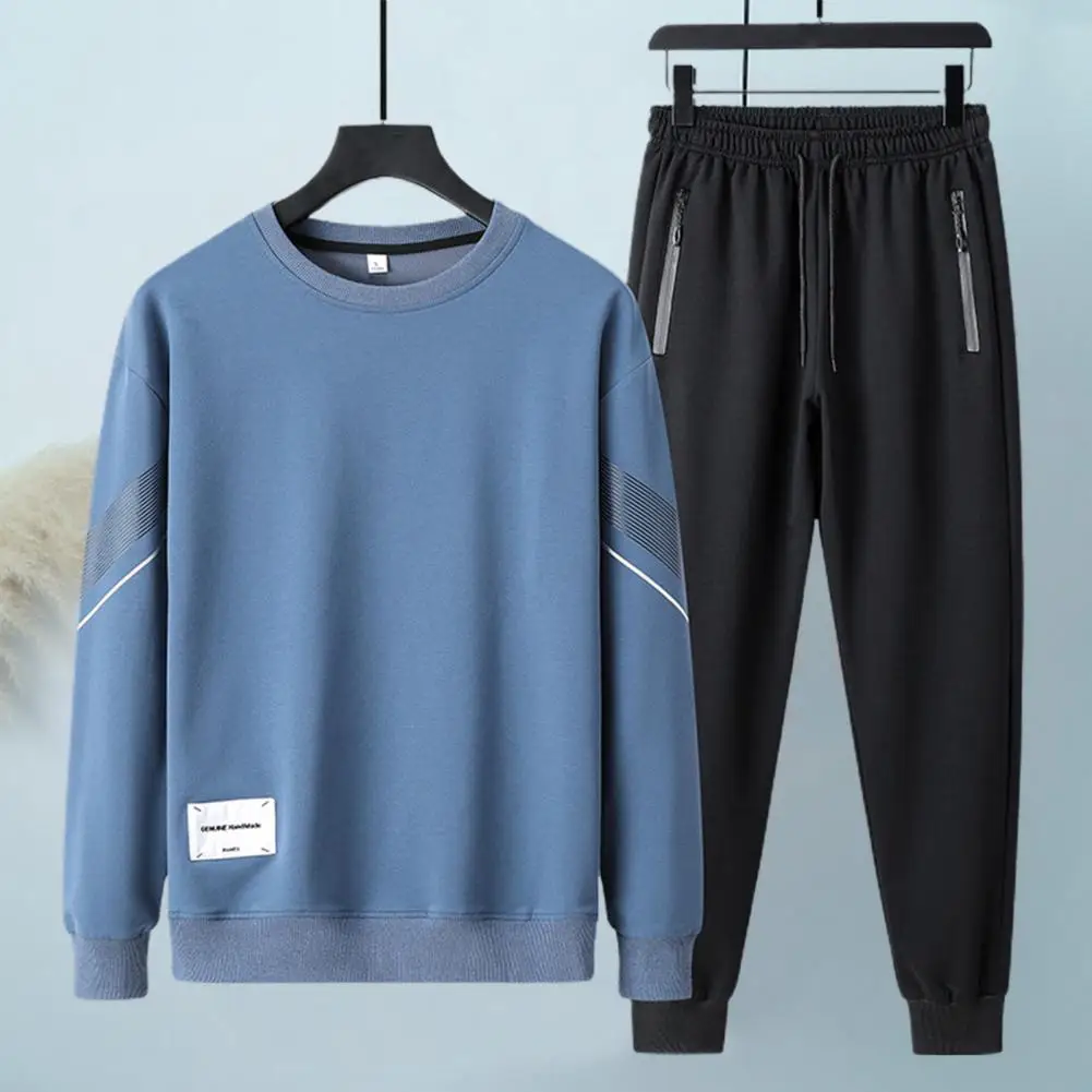 Sporty 1 Set Popular Ribbed Cuff Top Drawstring Pants Spring Autumn Men Outfit Round Neck   for Jogging