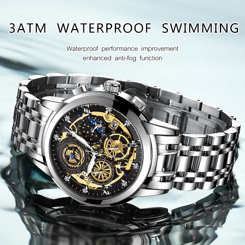 Waterproof Stainless Steel Quartz Analog Fashion Business Sun Moon Star Wristwatches Top Brand 3