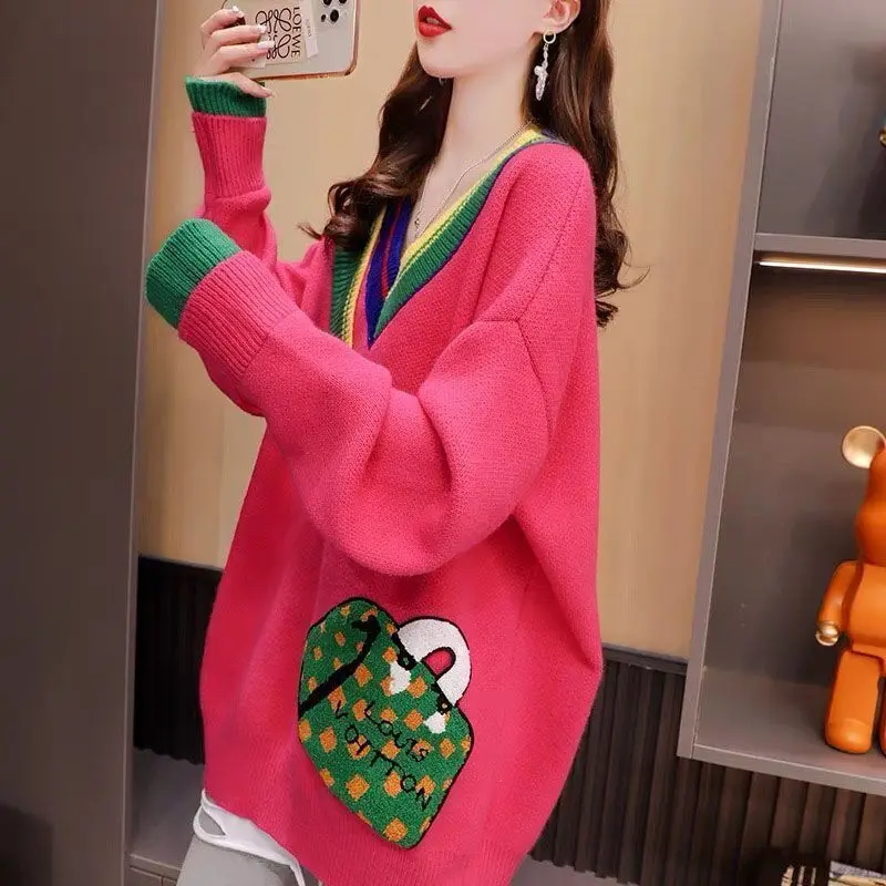 # 3841 черный белый красный пуловер вязаный свитер женский свободный с рукавами