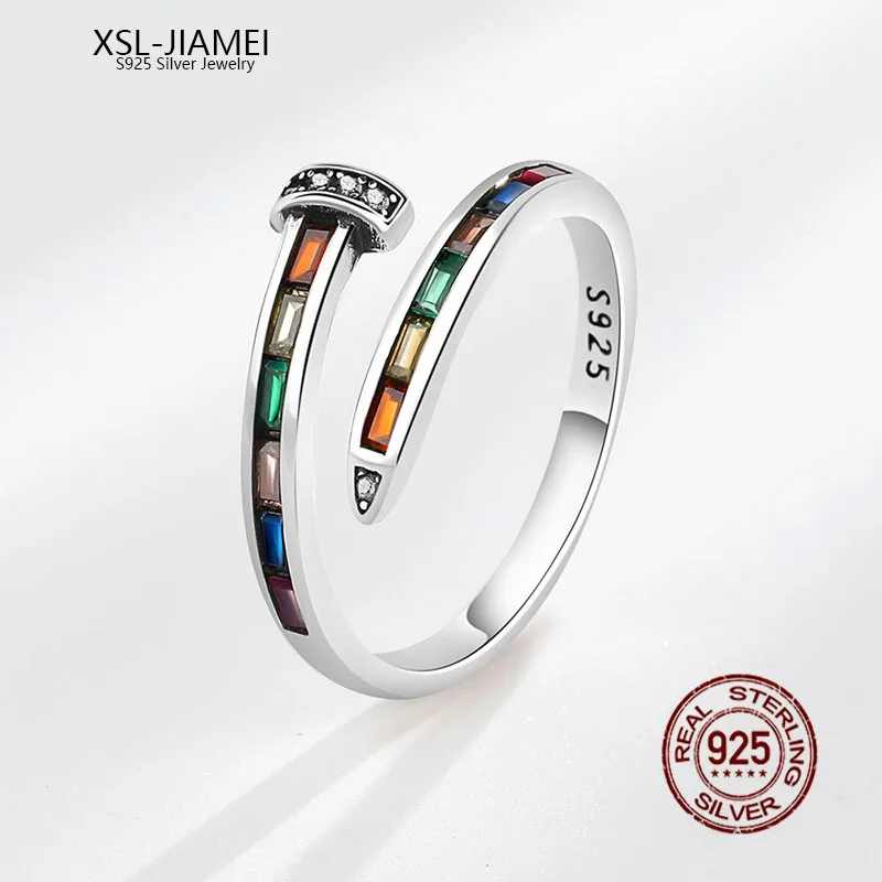 

XSL JIAMEI s925 Sterling Silver Rainbow Drill Nail Ring Opening Adjustable Ring For Couples Boutique Jewelry Gift