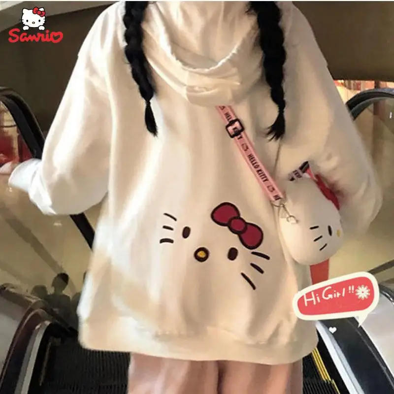 Kawaii Sanrio Hello Kitty Cartoon Anime Hoodie Plus Fleece Thick Coat Women's Fashion Loose Plus Size Thermal Sweater