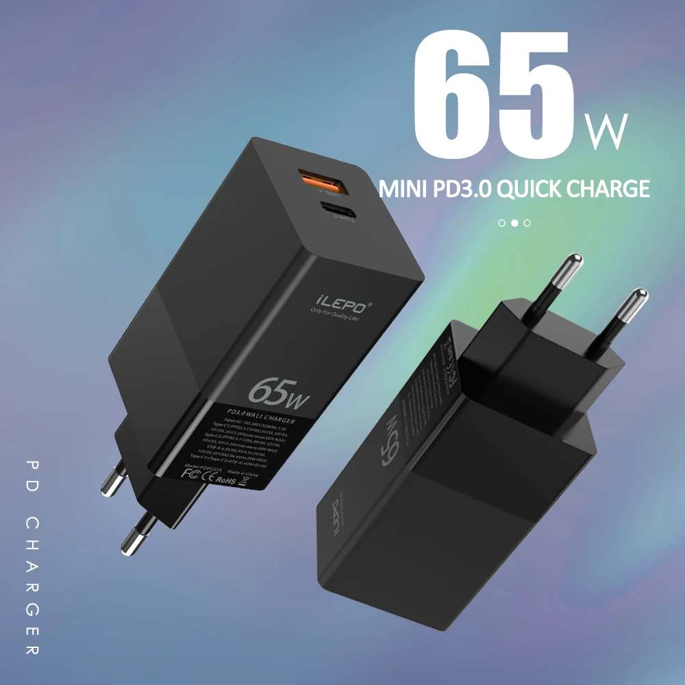 

ILEPO EU US 65W PD Charger Type C Quick Charge For iPhone 12 Macbook Samsung Adaptor Fast Charger PD3.0 4.0 QC3.0 USB C Charger