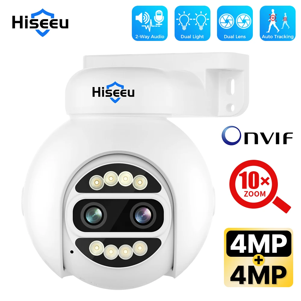 Hiseeu 4K Dual Lens POE Camera 4MP+4MP 8MP HD 8X Zoom Two Ways Audio CCTV PTZ Security Night Vision Video Surveillance Cameras