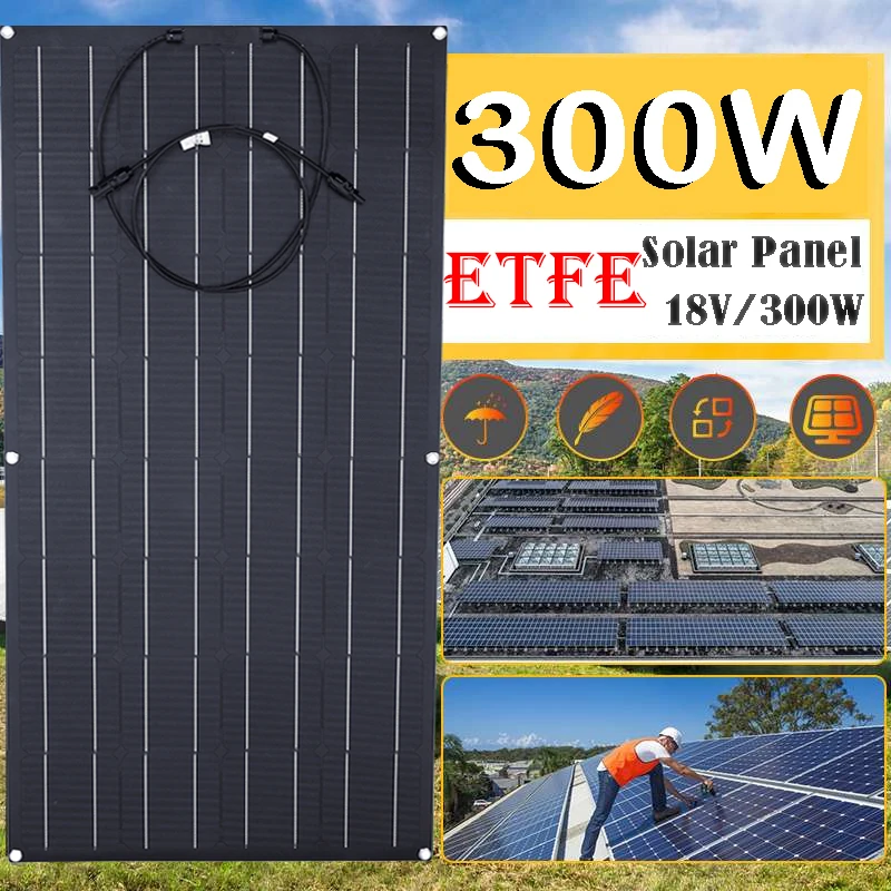 300W ETFE PET Semi-flexible 18V Solar Panel Waterproof Solar Cell Charger Battery for Camping Home Car Off Grid 12 Volt System