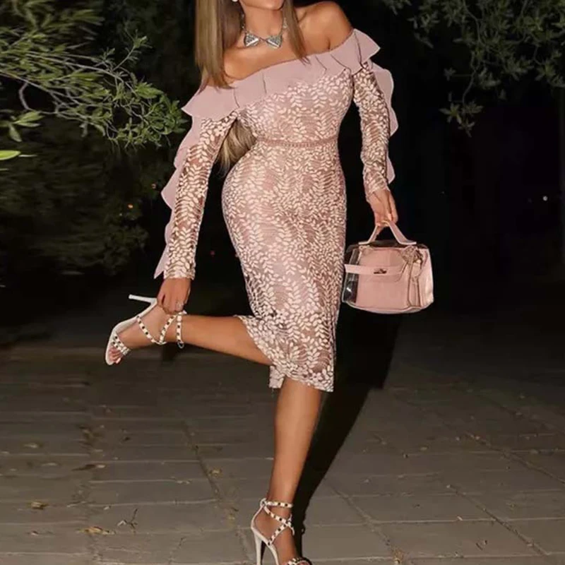 

Весеннее жаккардовое облегающее платье с длинным рукавом, элегантное кружевное женское платье с открытыми плечами и вырезом лодочкой, шика...