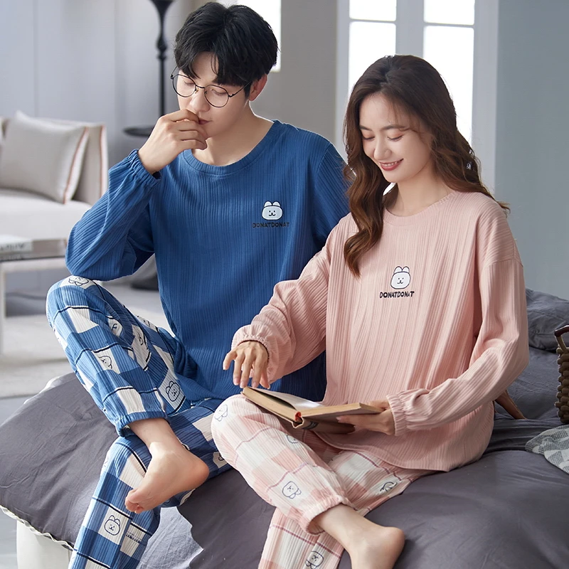 CAIYIER Cute Couple Pajamas Set Winter Cotton Grid Long Sleeve Sleepwear Suit Women & Men Sweet Nightwear Lovers Home Clothing
