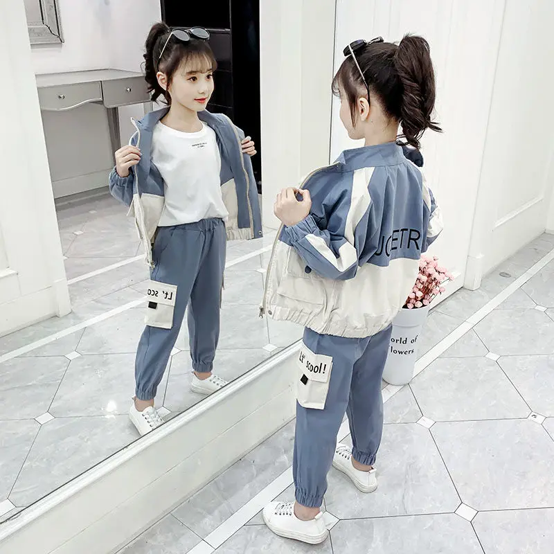 Children Campus Sportswear Teen Girls Clothing Set 2 Pcs Spring Autumn Trench+ Overalls Suit Tracksuit Kids Leisure Clothes Set