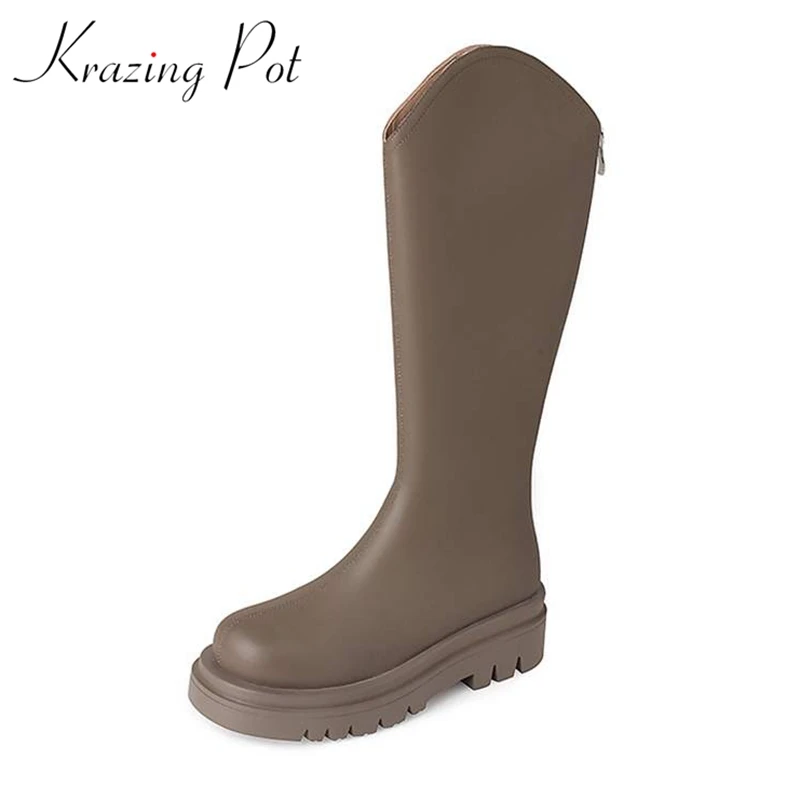 

Krazing Pot Full Grain Leather Round Toe Thick High Heels Riding Long Boots Korean Girl Joker Platform Zipper Thigh High Boots