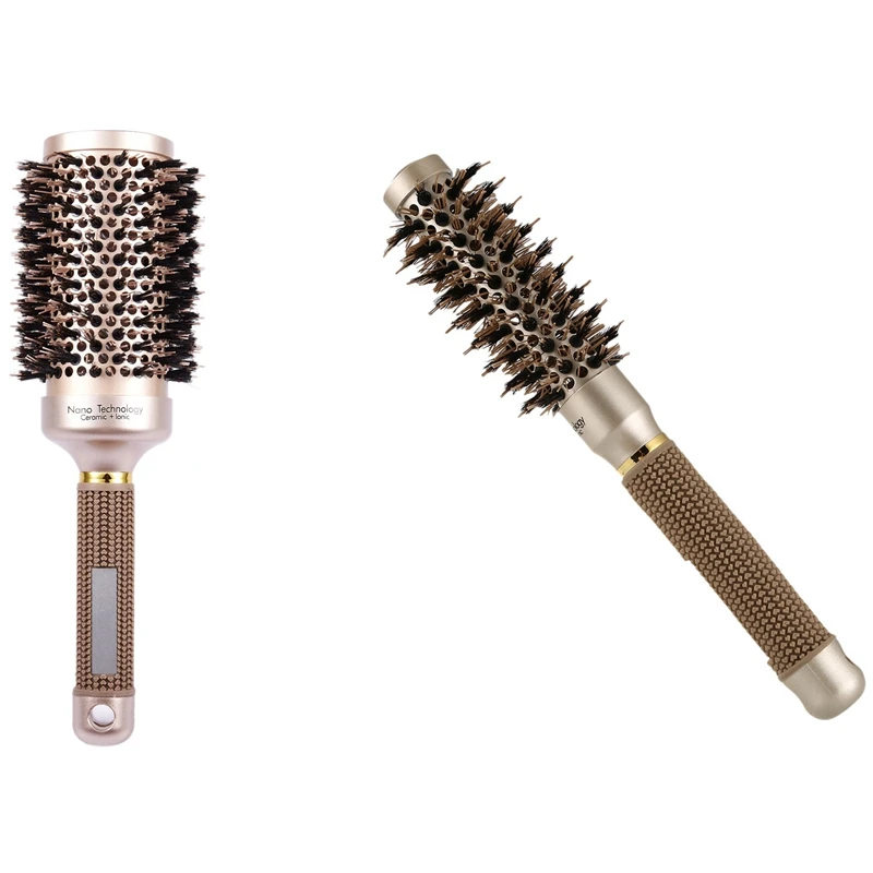 

2Pcs Round Barrel Hair Brush With Simulation Boar Bristle, For Hair Drying, Styling, Curling, Gold,1 Inch & 2.1 Inch