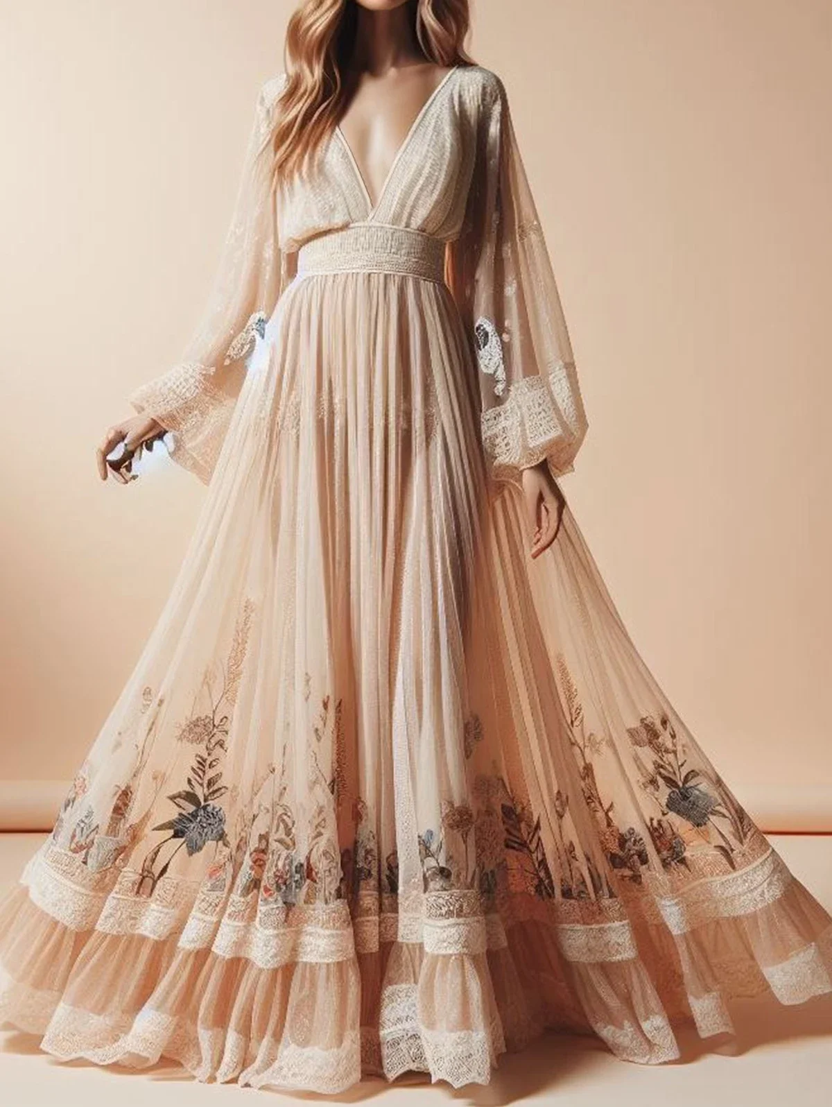 Bohemian Women Dress Elegant Fashion Floral Print Pattern Sexy Deep V Neck Casual Long Sleeve Lace Evening Party Maxi Dresses
