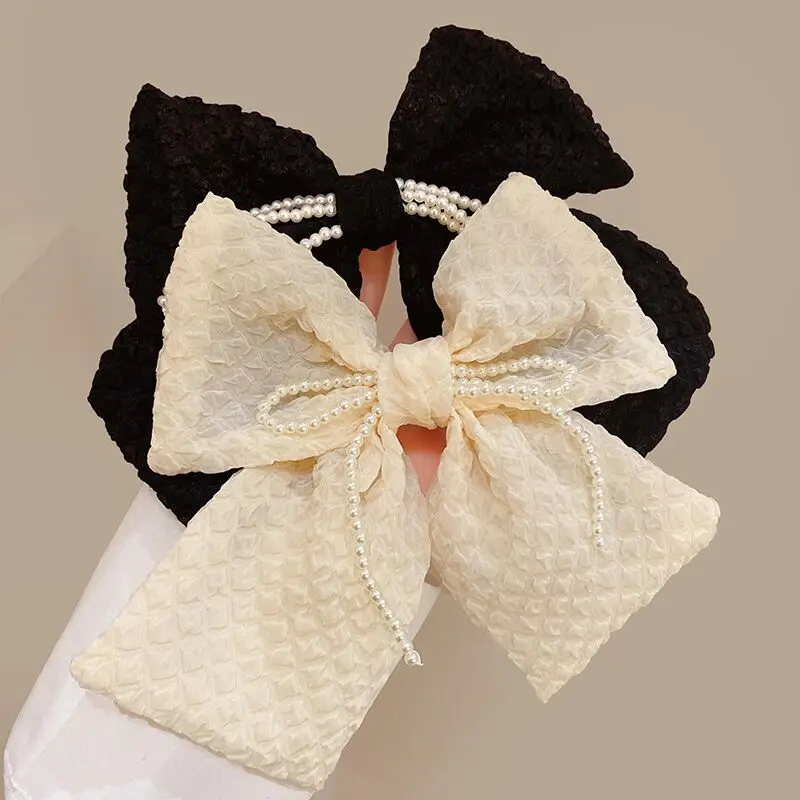 

Заколка для волос с бантом Женская, уникальный зажим с помятым жемчугом и цепочкой, модный аксессуар для волос с бантом, большие размеры, на ...