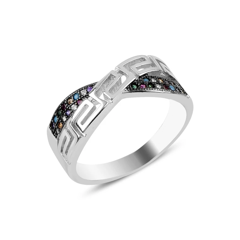 

Silver 925 Sterling Grecian Patterned Mixed Zircon Stone Ring