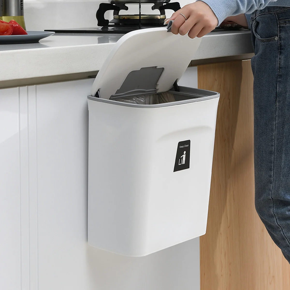 

9L Household Wall-mounted Trash Can Kitchen Classification Storage U-shaped Card Slot Design Pull-lid Slide-lid Garbage Can