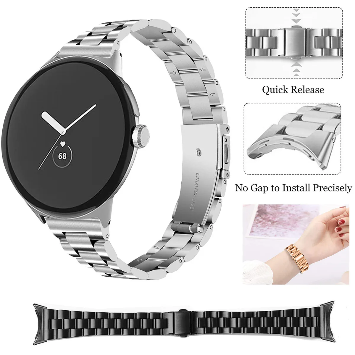 Фото Бесшовный ремешок из нержавеющей стали для Google Pixel Watch 4 3 2 1 41 мм 45 мм, быстросъемный металлический браслет для часов №1