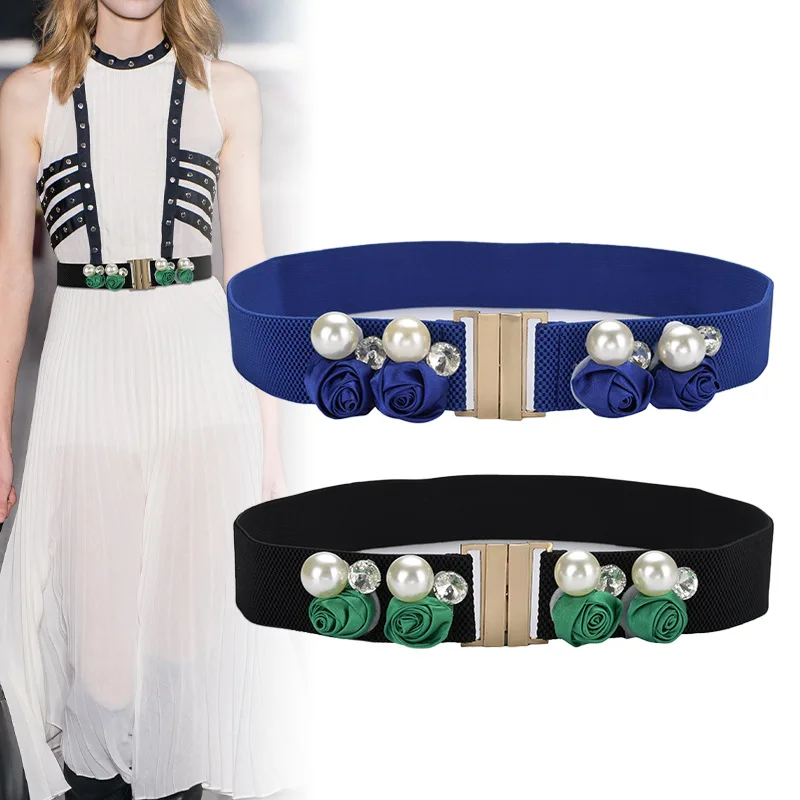 

Ladies Flower Type Rhinestone Belts Waist Seal Fashion Decorative Dress with Jacket Waist Trim Temperament Elastic Waist Belts