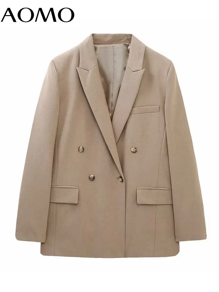 

AOMO Women Khaki Double Breasted Blazer Coat Vintage Long Sleeve Flap Pockets Female Suit 6P33A