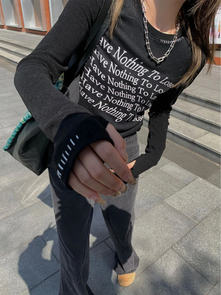 

Deeptown Y2K Vintage Graphic T Shirts Women Grunge Sexy Slim Long Sleeve Tees Casual All-match Basic Cropped Tops Y2K Aesthetic