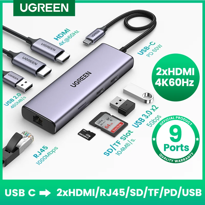UGREEN USB C концентратор 4K 60Hz к 2xhdmi 2 0 RJ45 3 PD адаптер для Macbook iPad Pro Air M1 PC Аксессуары