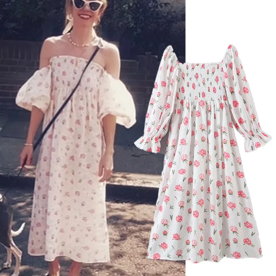 

Maxdutti Indie Folk Holiday Beach Midi Dress WomenIns Fashion Blogger Vintage Rose Floral Print Square Collar Party Dress Women