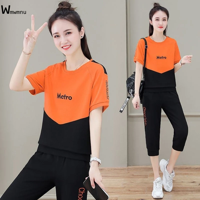 

Summer 2 Piece Set Women Casual Letter Printed Spliced Design Tracksuit Loose Short Sleeve T-shirt+Calf-Length Jogging Pant Suit