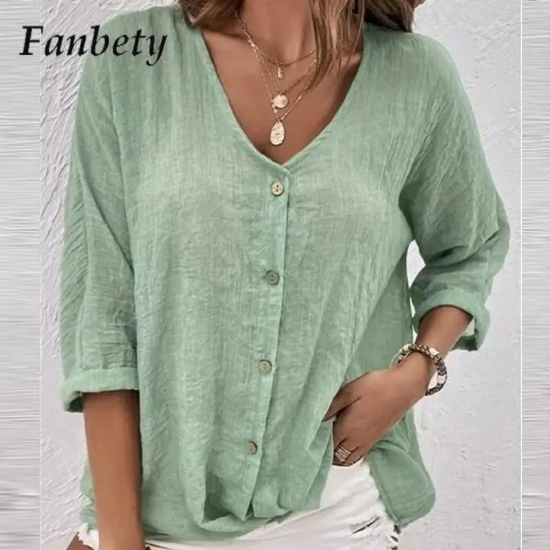 

Женская винтажная однотонная блузка на пуговицах, рубашки, летний модный пуловер с V-образным вырезом, топы, Женская Повседневная Блузка с длинным рукавом, уличная одежда
