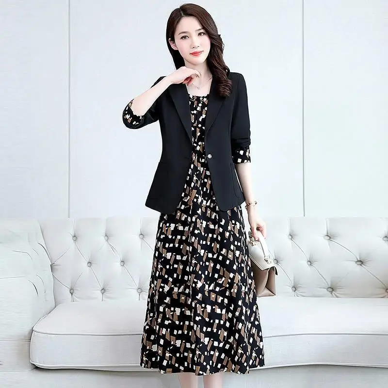 Women's Fashion Suit Set 2022 Fall New Casual Blazers Jacket Dress Two Piece Korean Elegant Vintage Floral Sling Midi Skirt Suit
