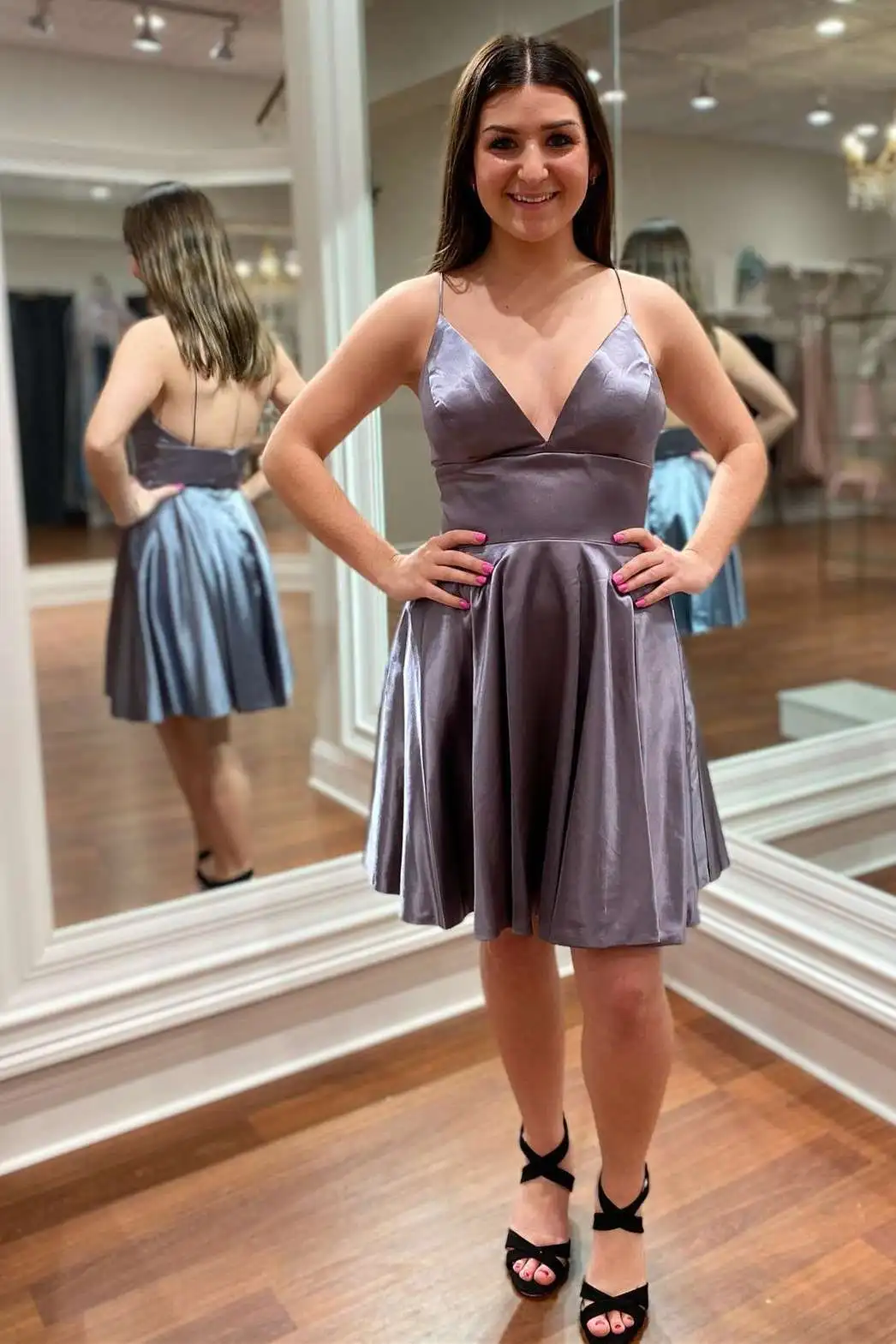 

Spaghetti Straps High Waist Short Homecoming Dress