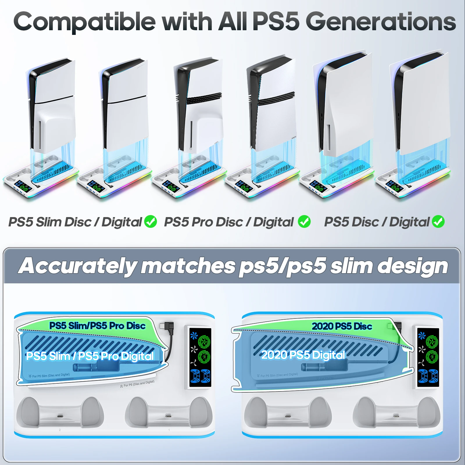 Подставка для хранения PS5/PS5 Slim/PS5 Pro с вентилятором и подставкой зарядного