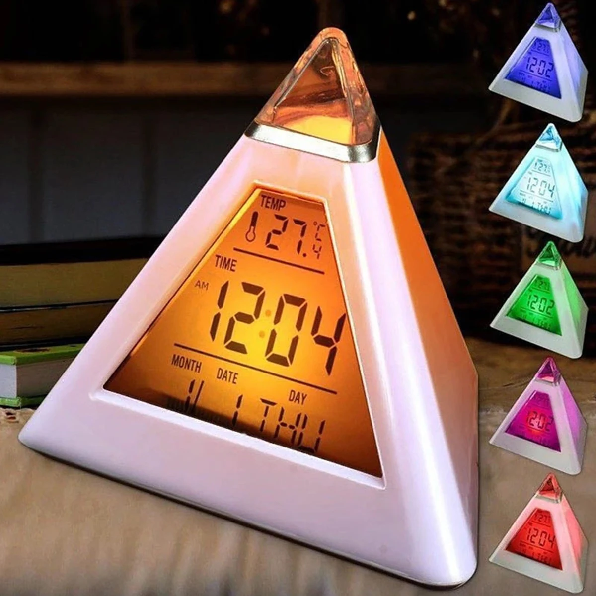 7 Color Changing Alarm Clock Night Light Pyramid  Desk Clock Temperature Display For Home Bedroom Office Decor