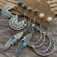 ethnic vintage feather earrings set for women vintage retro sun moon drop earring set fashion dangle earring set jewelry gift