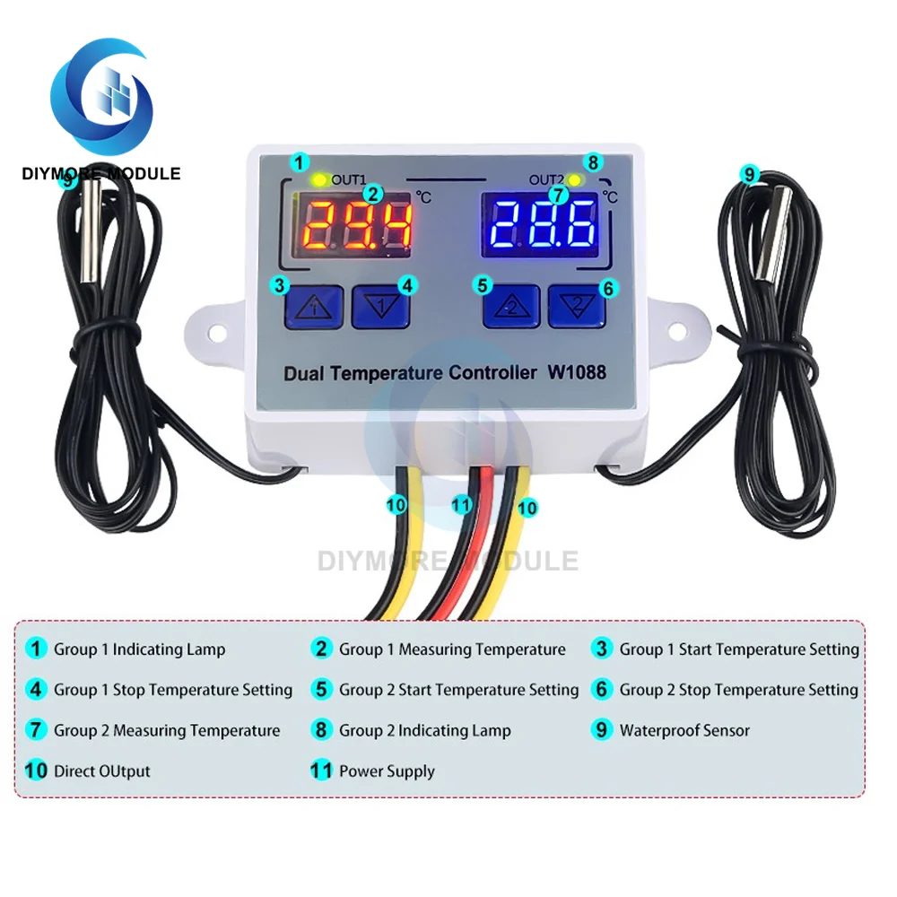 

W1088 Dual LED Digital Temperature Controller Electric Heating Thermostat 12V 24V AC110-220V Aquarium Incubator Thermoregulator