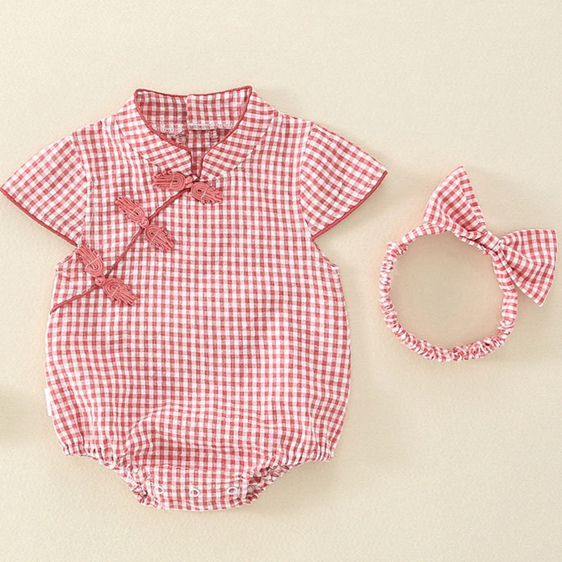 Toddler Baby Girl Romper Lattice Short Sleeve Cotton Summer Baby Girls Clothes Infant Baby Girls Jumpsuit+Hair band