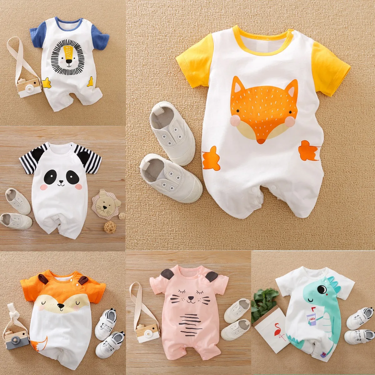 

Cotton Newborn Baby Boy Cartoon Dinosaur Romper Baby Girl Short Sleeve Clothes0-24M