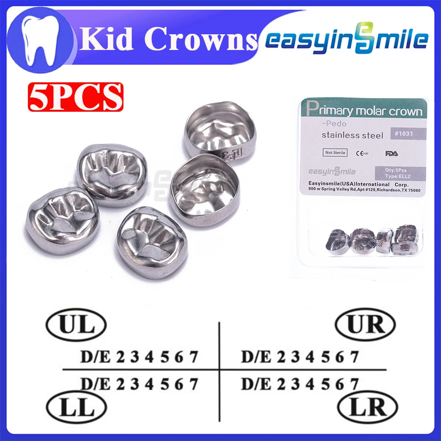 

EASYINSMILE Dental Kids Crown Primary Molar Refill Stainless Steel for Upper/Lower Left/Right 1st/2nd MolarTeeth 5PCS