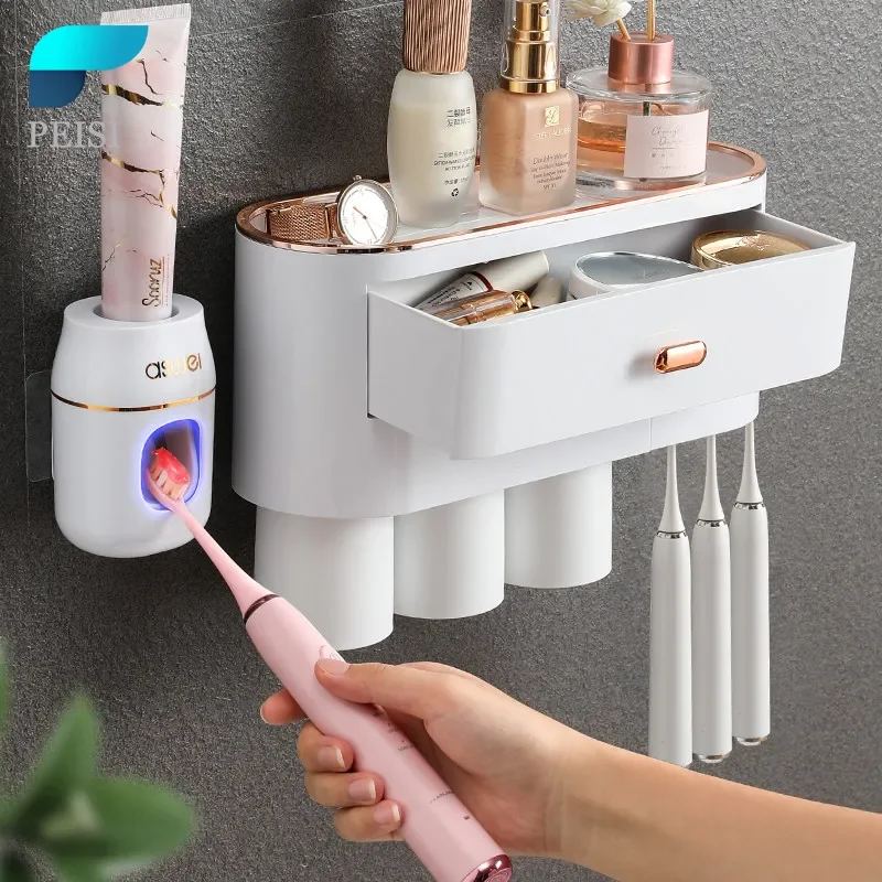 

PEISI Light Luxury Magnetic Toothbrush Holder Automatic Toothpaste Squeezer Toothpaste Dispenser Home Bathroom Accessories Set