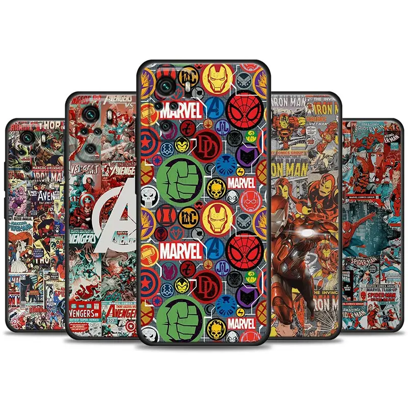 

Marvel Avengers Logo Comics Phone Case For Poco Redmi Note 8 Poco X4 X4 NFC M4 X3 F3 M3 Phone F1 GT Pro Black Cover Fundas Coque