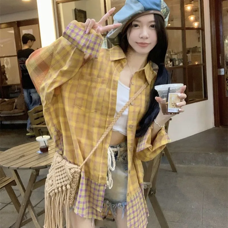 Плюс размер корейская клетчатая рубашка с вышивкой повседневная модная куртка