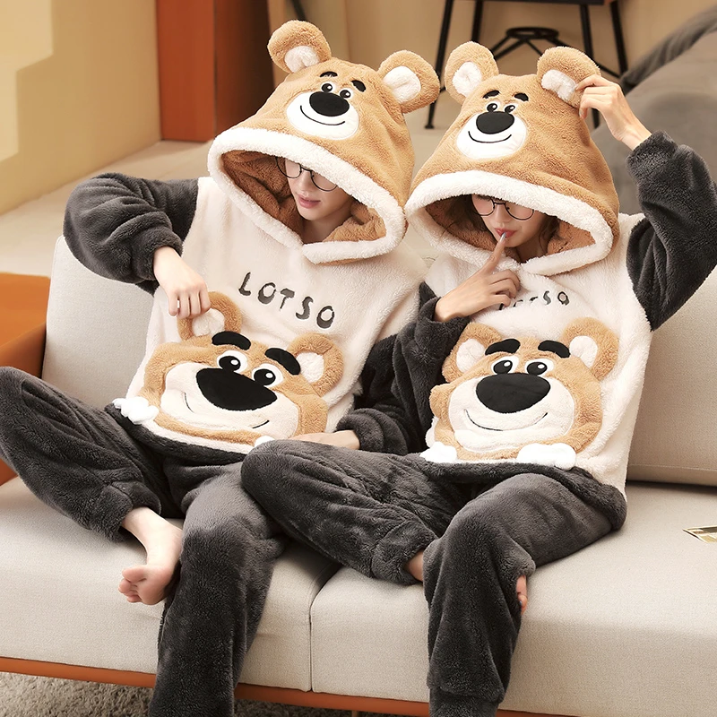 Winter Couple Pajamas Set Thicken Women Men Pajama Sleepwear Cartoon Bear Soft Warm Lovers Adult Homewear Hoodies Pyjamas Suit