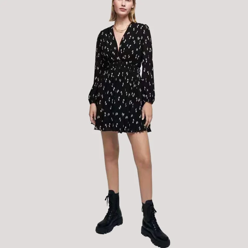 

Women's Summer New French Bow Print V-Neck Waist Mini Dress Temperament Commuter High Waist Long Sleeve Dress Party Women