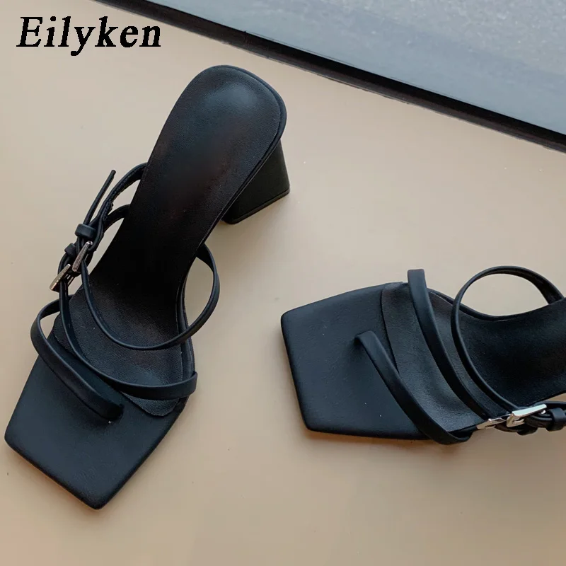 

Eilyken New Thick Square Heels Women Buckle Strap Slippers Fashion Open Toe Narrow Band Ladies Casual Outdoor Shoes Flip Flops