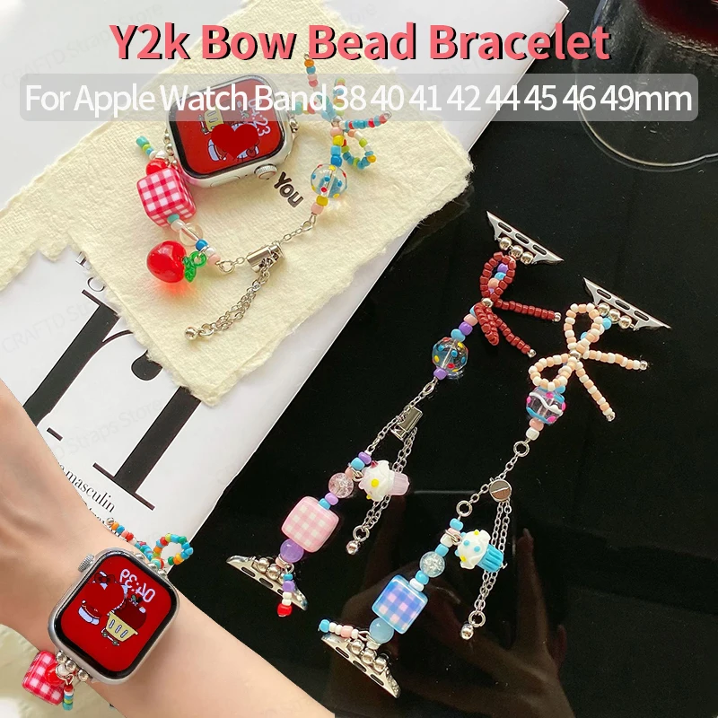 Милый ремешок с бантиком и бусинами для Apple Watch Band 40 мм 44 41 42 46 38 49 Браслет девочек - Цена: 741