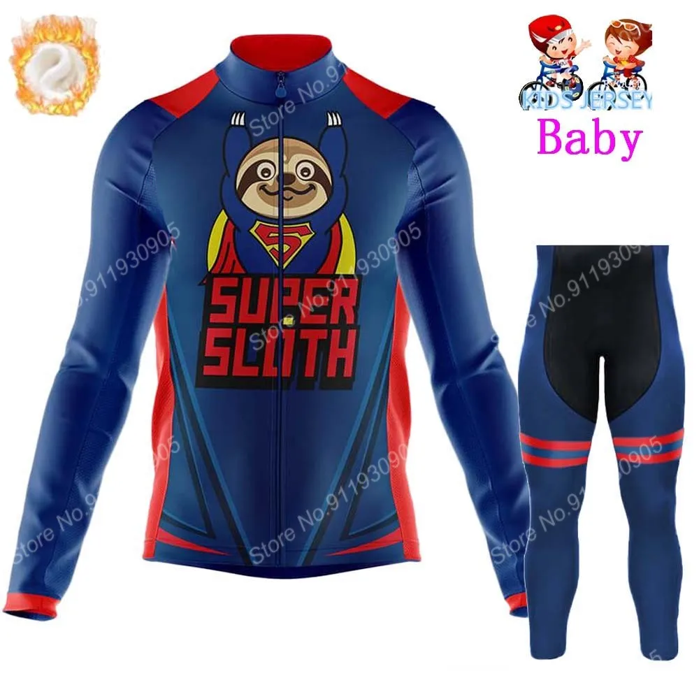 

2021 Kids Super Sloth Cycling Jersey Set Winter Boys Girls Cycling Clothing Long Sleeve Bike Suit MTB Ropa Maillot Ciclismo