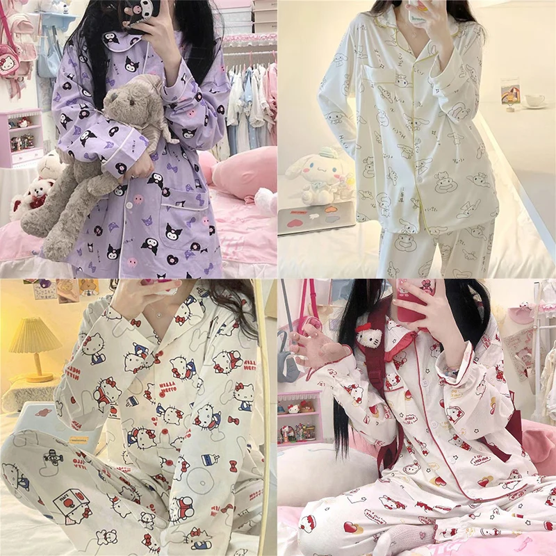 

Пижама с мультяшным аниме SanrioKittys Kuromi Cinnamoroll, Длинные свободные пижамы для студентов, можно носить на улице, для домашнего использования, кос...