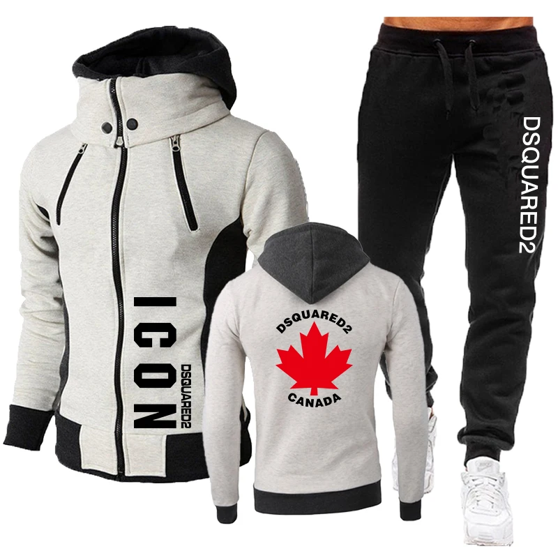 

Mens Maple Leaf Print Tracksuit Long Sleeve Zipper Hoodie and Pants Solid Color Windproof Motorcycle Suits Outdoor Athletic Sets