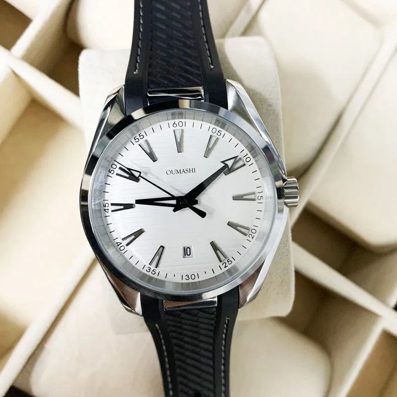 

Мужские механические часы 41 мм, водонепроницаемые, с автоматическим механизмом Miyota 8215, черные стрелки, резиновый ремешок, стеклянная задняя крышка